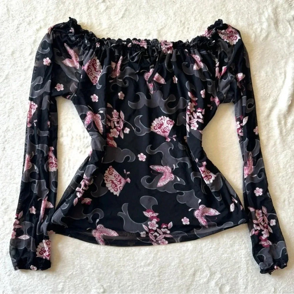 INC International Concepts Tops - Y2K Sheer Mesh Top, Fairy Grunge Asian Floral Butterfly Mesh Top by INC